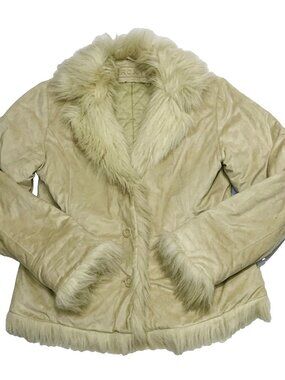 Vintage Roxy Faux Fur Trim Suede Jacket Y2K Boho Penny Lane Style Size L Beige